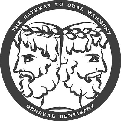 The image shows two stylized faces with laurels on their heads, one male and one female, against a black background, each with text underneath, indicating  The Gateway to Dental Harmony  and  General Dentistry.