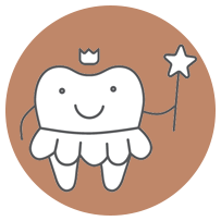 The image features a cartoon tooth with a crown, holding a star, standing on a red background.
