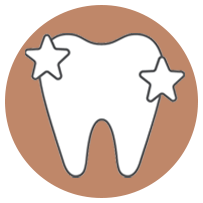 The image displays two icons  on the left, there s an icon with a tooth and three stars, and on the right, there s an icon with a tooth and four stars. Both icons feature stylized teeth with a simple line drawing of a smile and are set against a brown background.