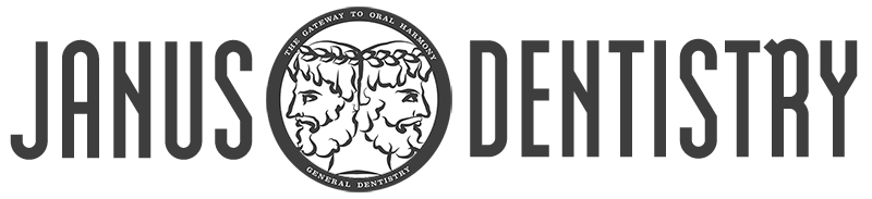 The image shows a logo with text that reads  JANUS DENTISTRY  at the top, followed by a stylized depiction of a dental office interior with a chair and a lamp, and below that, the word  DENTISTRY.