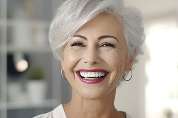 The image shows a smiling woman with short hair, wearing makeup and a white top, standing indoors against a blurred background.
