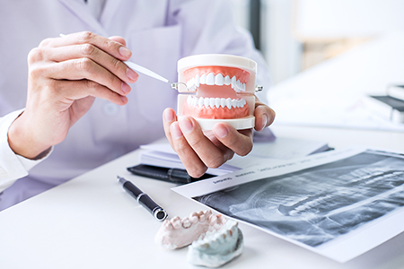 The image shows a person holding a dental model with a magnifying glass, examining it closely, while another person holds a cup of dental tools on a desk.