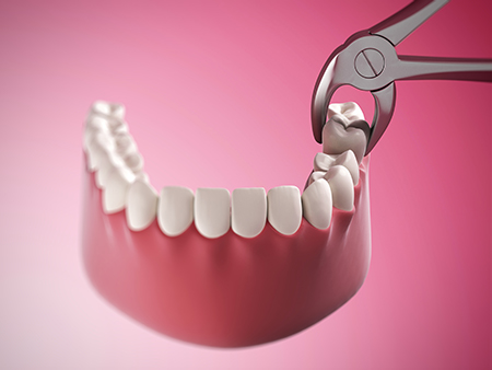 The image shows a pair of scissors cutting through a set of artificial teeth with visible roots, placed against a pink background.